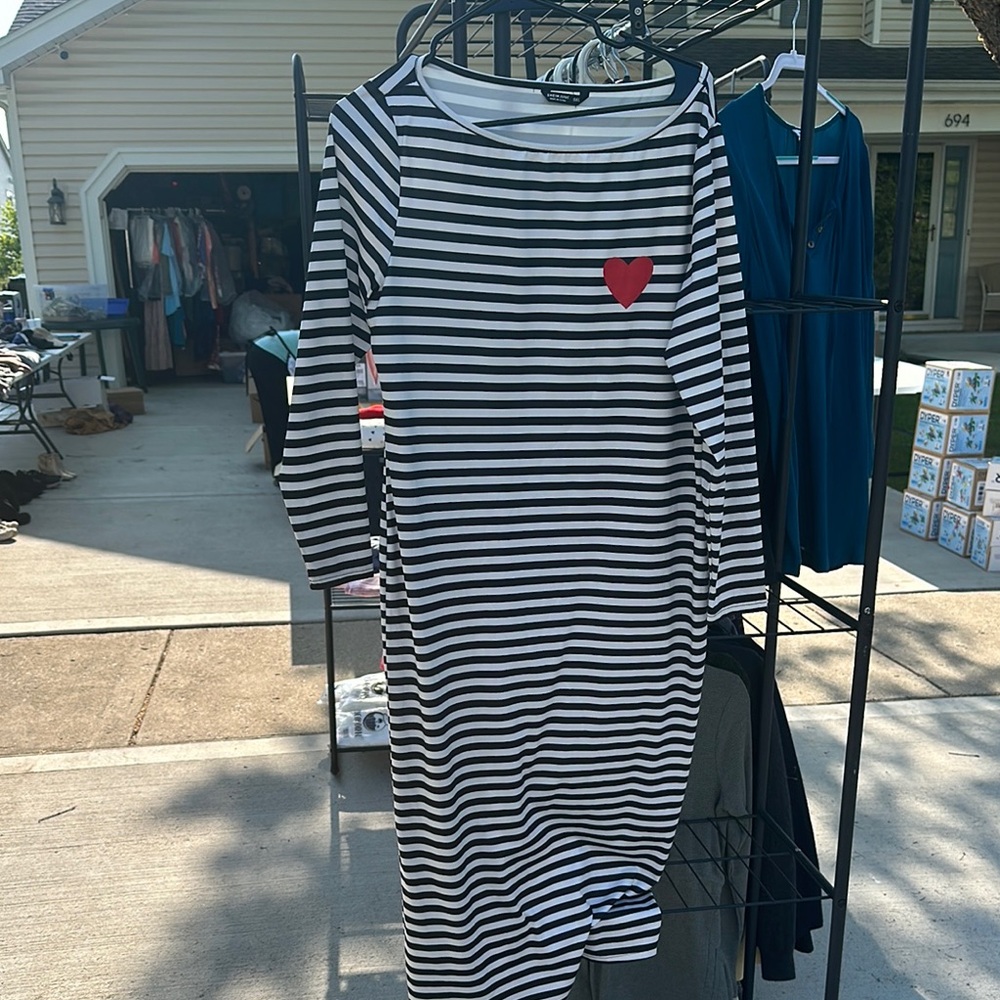 SHEIN Black and White Striped Dress with Red Heart Accent